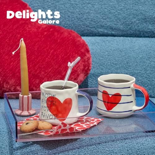 16oz Hand-painted Heart and Stripe Ceramic Mug Set of 4, Large Capacity Tea Milk Coffee Cups, Romantic Valentine Birthday Housewarming Gift for Women Coffee Lovers, Microwave & Dishwasher Safe - Image 5