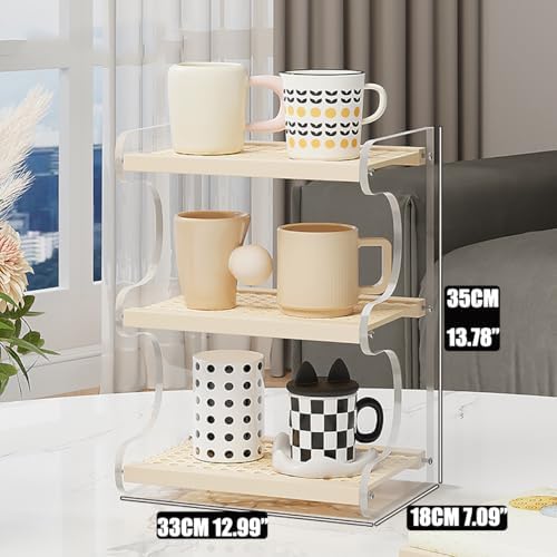 3-Tier Mug Holder Countertop,Wooden Rattan-Look Coffee Station Shelf, Cup Holder Mug Display Rack for Home Kitchen,White,12.99" - Image 2