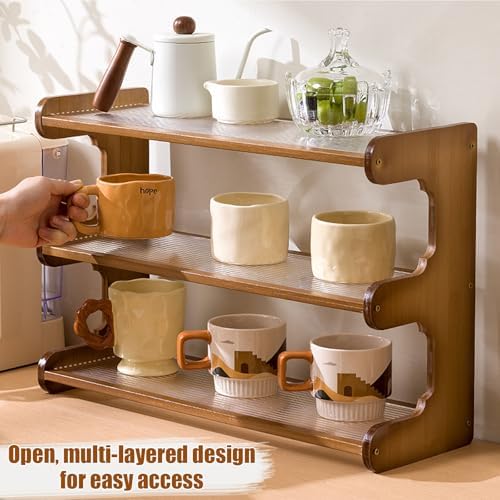 Wooden Mug Display Holder, Bamboo Wood Coffee Mug Organizer Countertop, Counter Shelf for Tea Coffee Bar Accessories, Matcha Stand, Kitchen Condiment Storage Rack,4tier,13.78IN - Image 5