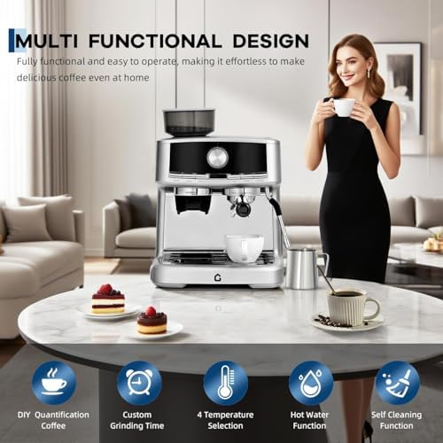 Takywep 20 Bar Espresso Machine with Built-in Grinder, Stainless Steel Coffee Maker with Milk Frother Steam Wand, 1.5L Removable Water Tank, Adjustable Shot Volume for Home & Office - Image 4