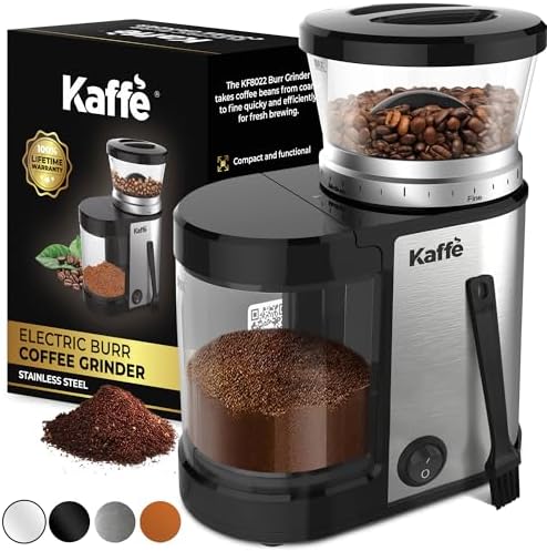 Kaffe Electric Burr Coffee Grinder (5.5oz) w/Adjustable Precise Coarseness Settings - Flat Burr - [Improved Motor] - Precision Coffee Bean Grinder for Home Use - Stainless Steel by Kaffe
