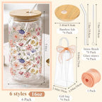 Mumufy 6 Sets Fresh Wildflower Glass Cups with Lids Straws Bulk Gift, 16 oz - Image 2