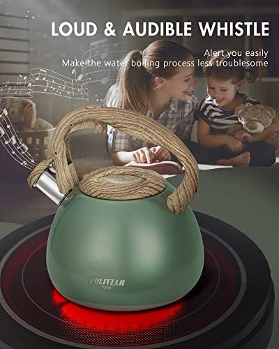 Poliviar Tea Kettle, 2.7 Quart Seaweed Green Finish with Wood Pattern Handle Loud Whistle Food Grade Stainless Steel Teapot, Anti-Hot Handle and Anti-Rust, Suitable for All Heat Sources (JX2020-SB30) - Image 2