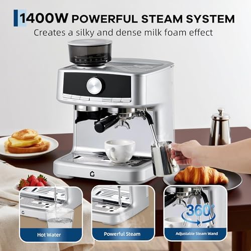 Takywep 20 Bar Espresso Machine with Built-in Grinder, Stainless Steel Coffee Maker with Milk Frother Steam Wand, 1.5L Removable Water Tank, Adjustable Shot Volume for Home & Office - Image 5