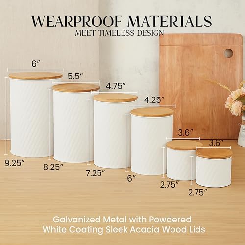 6 Canister Set for the Kitchen Countertop – Metal Food Storage Canisters with Airtight Lids for Flour, Tea, Crafts, Coffee, & Sugar – Container Set with Modern Wood Lids, White - Image 2