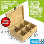 Tea Organizer Box Food Safe Chemical Free Bamboo Storage Chest Tall, Adjustable Cubbies (6-Slot 11" x 8.1" x 4.2" Blank) - Image 2