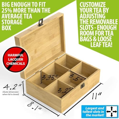 Tea Organizer Box Food Safe Chemical Free Bamboo Storage Chest Tall, Adjustable Cubbies (6-Slot 11" x 8.1" x 4.2" Blank) - Image 2