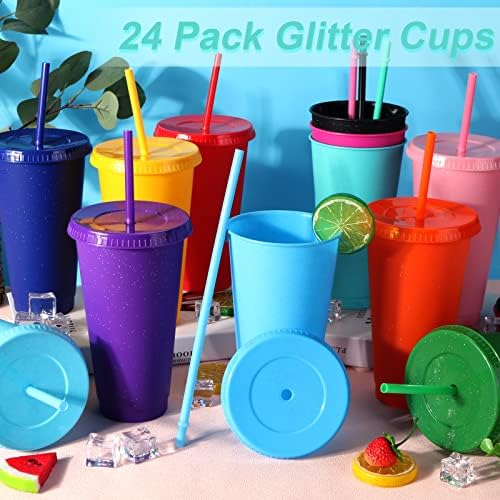 24 Pack Plastic Tumblers with Lids and Straw, Reusable Cups with Lids and Straws Colorful Cups for Cold Drink Iced Coffee, Plastic Tumbler Bulk for Party Birthday Gifts (24 oz, Solid Colors) - Image 2