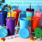 24 Pack Plastic Tumblers with Lids and Straw, Reusable Cups with Lids and Straws Colorful Cups for Cold Drink Iced Coffee, Plastic Tumbler Bulk for Party Birthday Gifts (24 oz, Solid Colors) - Image 2