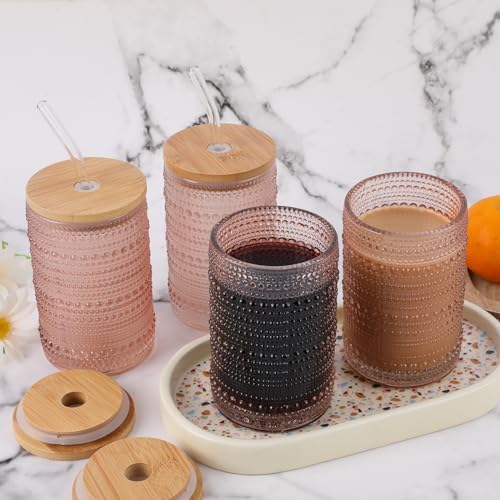 Vintage Drinking Glasses Set of 4 with Bamboo Lids, Textured Clear Striped Ribbed Glassware Set Cocktail Set Beaded Glass Cups Old Fashion Embossed Iced Coffee Cup for Beer, Beverage(16 oz), Rose Gold - Image 5