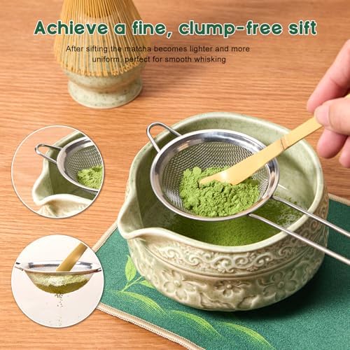 Matcha Whisk Set, 9 Pcs Matcha Set Kit for Ceremony Includes Ceramic Matcha Bowl, Holder, Bamboo Whisk & Scoop, Measuring Spoon, Scoop Rest, Sifter, Tea Towel, Handbook - Ideal Gift for All Ages - Image 5