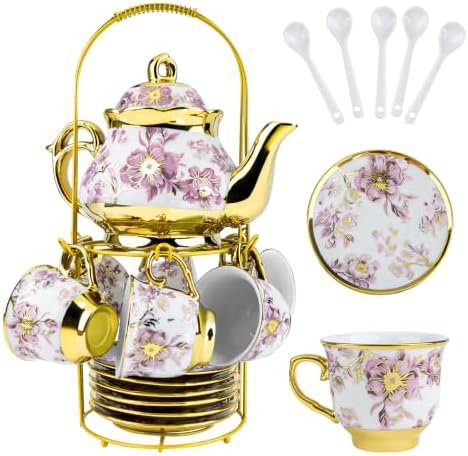 20Pcs Porcelain Tea Set with Metal Holder and Spoon, Floral Adult Tea Sets with Teapot Cups Saucers, European Ceramic Tea Parties Set for Women （Large） (Purple) by KUK