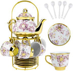 20Pcs Porcelain Tea Set with Metal Holder and Spoon, Floral Adult Tea Sets with Teapot Cups Saucers, European Ceramic Tea Parties Set for Women （Large） (Purple) by KUK