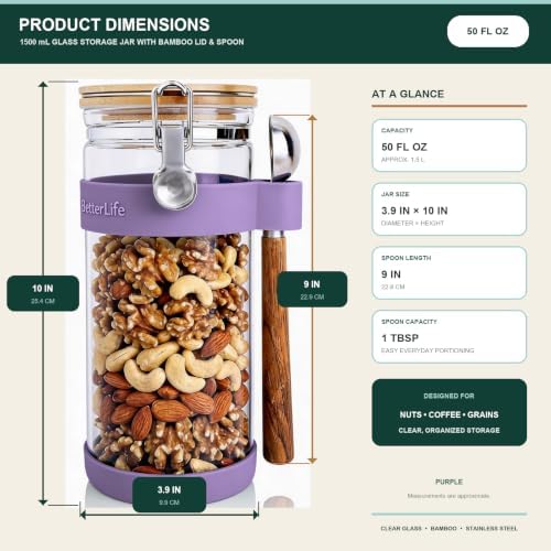 KKC Nut Storage Container Airtight Glass Jar 1500ml 50 oz - Airtight Pantry Storage Canister with Bamboo Lid, Silicone Protective Sleeve & 1 TBSP Long Wooden Handle Spoon for Walnut Almond Pecan - Image 3