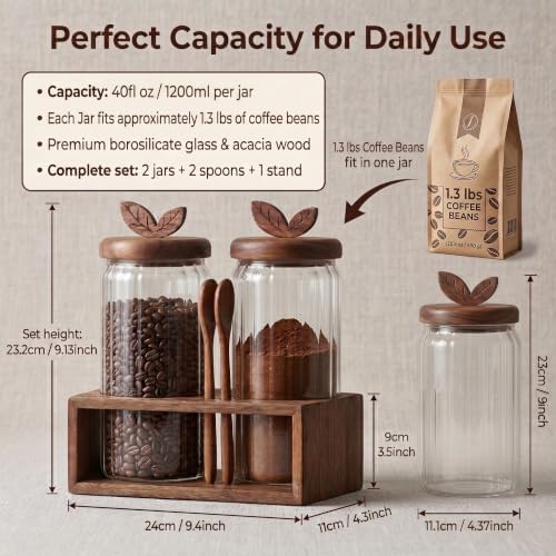 Coffee & Sugar Canister Set, 2 x 40 fl oz Airtight Glass Jars - Image 2