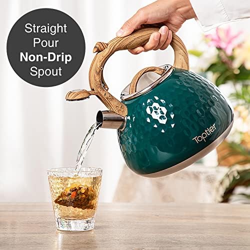 Tea Kettle, Toptier Teapot Whistling Kettle with Wood Pattern Handle Loud Whistle, Food Grade Stainless Steel Tea Pot for Stovetops Induction Diamond Design Water Kettle, 2.7-Quart Dark Green - Image 6
