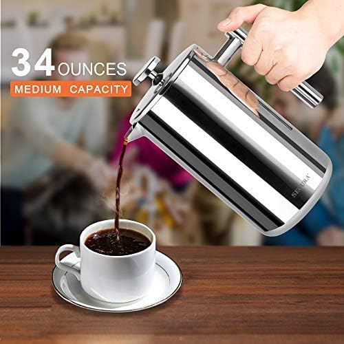 Secura Bundle Stainless Steel French Press Coffee Maker with 6 Replacement Screens, 34 Ounces, Silver - Image 2