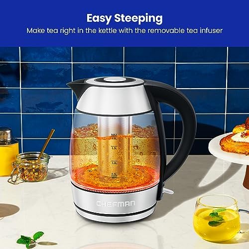 Chefman Glass Electric Kettle for Boiling Water, 1.8L 1500W, with Tea Infuser, Keep Warm Function, Auto Shut Off, Boil-Dry Protection, BPA Free, Hot Water Boiler, Electric Tea Kettle - Stainless Steel (Renewed) - Image 4