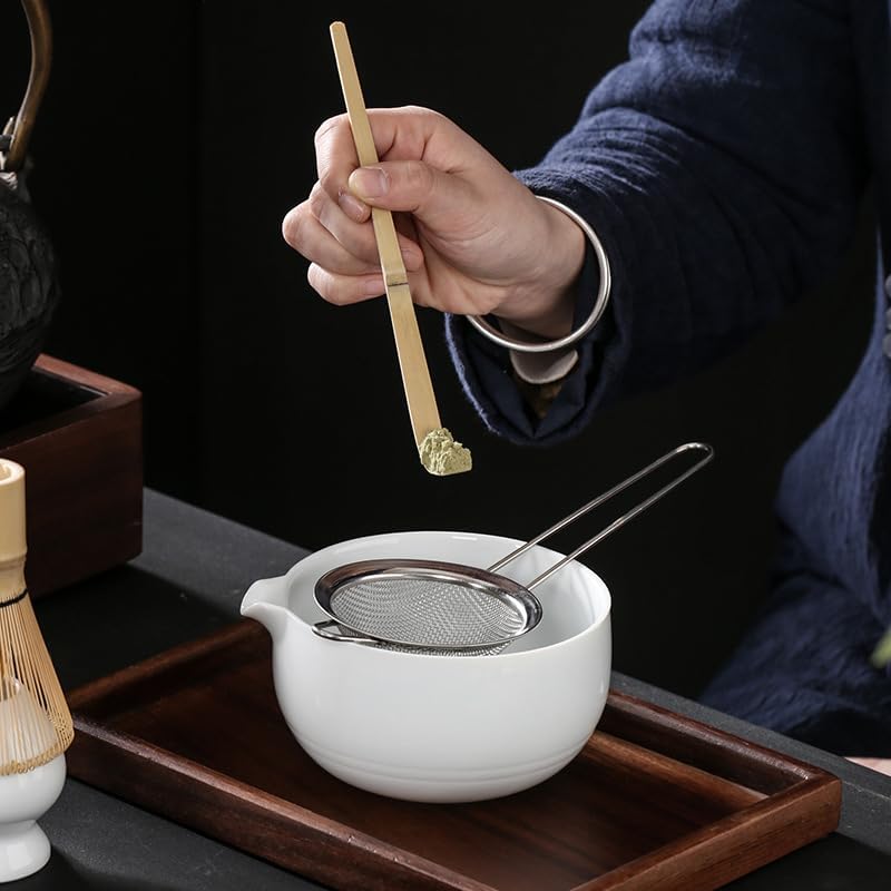 Japanese Matcha Tea Set of 7 Ceremony Matcha Kit with Matcha Bowl(Chawan) with Pouring Spout, Matcha Whisk (Chasen), Scoop (Chashaku), Ceramic Whisk Holder, Scoop Stand，Sifter,Tea Napkin White - Image 2