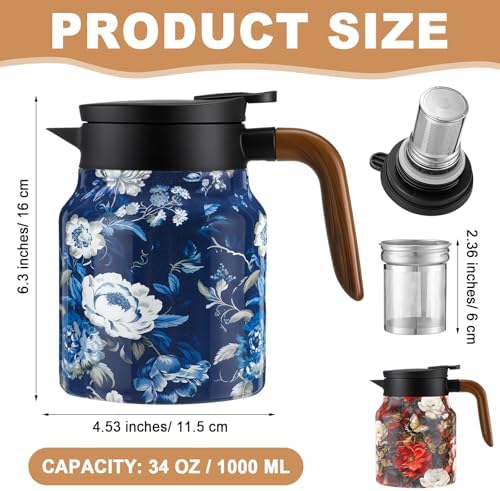 LemonRoad 2 Pcs 35 oz Vintage Floral Pattern Tea Pot with Infuser | Stainless Steel Insulated Tea Pot with Lid and Wooden Handle Thermal Carafe for Hot Drinks Coffee(Red, Blue) - Image 2