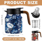 LemonRoad 2 Pcs 35 oz Vintage Floral Pattern Tea Pot with Infuser | Stainless Steel Insulated Tea Pot with Lid and Wooden Handle Thermal Carafe for Hot Drinks Coffee(Red, Blue) - Image 2