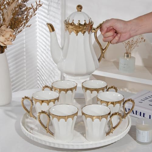 Elegant White and Gold Ceramic Tea Set with Teapot, 6 Cups, and Serving Tray (Po Guang Bai) - Image 4