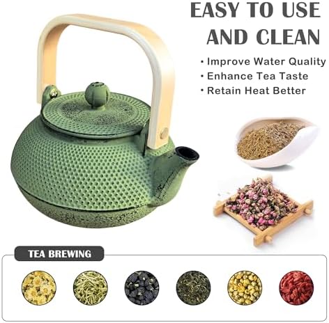 900ml Small Cast Iron Teapot with Wooden Handle, 30.4oz Green Tea Pot with Enamel Interior & Strainer, Durable Tea Kettle for Loose Leaf Tea, Suitable for Electric Stove & Induction Cooker - Image 6