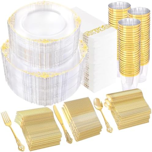 YOUBET 700 PCS Clear Gold Plastic Plates for Wedding Party by YOUBET