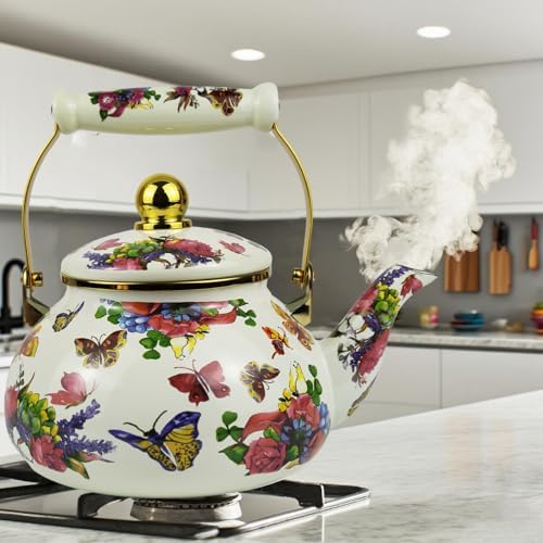 Vintage Enamel Tea Kettle 2.5L Butterfly Boho Floral Stovetop Teapot - Image 5
