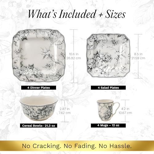 222 Fifth Adelaide Grey 16-Piece Floral Porcelain Dinnerware Set | Microwave and Dishwasher Safe Dining Set for 4 | Stackable and Chip-Resistant Plates Bowls and Cups | Gift for Housewarming & Wedding - Image 2