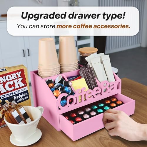 Coffee Bar Organizer Countertop, Wood Coffee Station with Drawer, Pink - Image 2