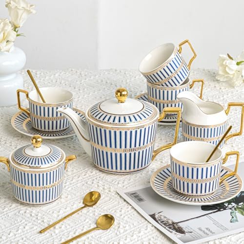 CwlwGO-Bone China Tea Cup Set of 4, Cup and Saucer Sets Service for 4 with 24 Ounces Teapot,Sugar Bowl,Creamer Pitcher,Elegant British Tea Cups for Tea Party,Gifts Box. by HappleCwlwgoHome