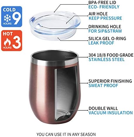 HASLE OUTFITTERS 12oz Wine Tumbler with Lid Stemless Wine Glasses Double Wall Vacuum Travel Mugs stainless steel Coffee Cup for Cold & Hot Drinks Wine Coffee Cocktails Beer 6 Pack Rose Gold - Image 5