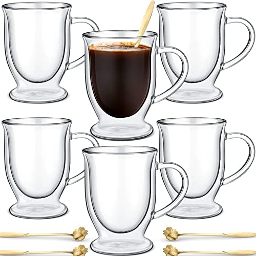 Gejoy 6 Sets Double Wall Glass Coffee Mugs with Spoon Insulated Clear Coffee Mug with Handle Borosilicate Glass Coffee Cups Latte Cup for Cappuccino, Tea, Latte, Espresso, Hot Beverage(16 OZ) by Gejoy