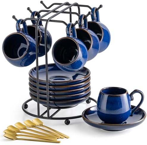 LYEOBOH 3 Ounce Espresso Cups Set of 6, Ceramic Small Coffee Cups with Saucers, Cute Demitasse Cups and Metal Stand with Spoons for Great Gift, Mini Cafe Cup for Espresso, Mocha, Tea - Cobalt Blue by LYEOBOH