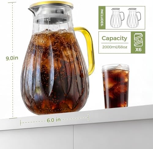 2 Pack Glass Pitcher with Lid and Handle for Fridge, Iced Tea and Coffee Carafe Beverage Serveware, 2 Liters/68 oz Heat Resistant Borosilicate Water Jug for Hot/Cold Drinks - Image 2