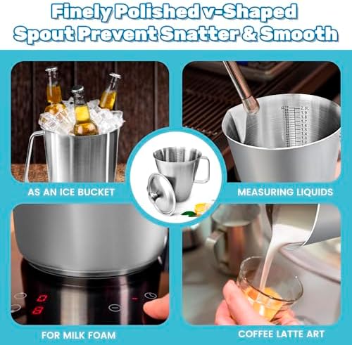 70 oz Stainless Steel Pitcher with Lid, Metal Measuring Cup with Marking with Handle, 2 L Large Mouth Graduated Beakers, Milk Frothing Jug for Espresso Machines, Latte Art, Iced Tea, Hot/Cold Water - Image 3