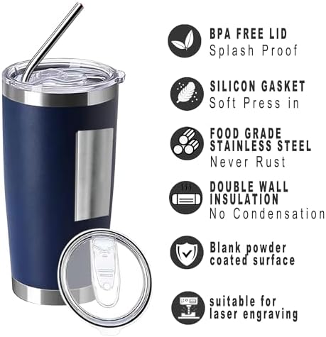 20oz insulted tumblers stainless steel cup Tumbler Bulk with push Lid, and metal straw powder coated coffee cup for cold and hot drinking (48, navy blue) - Image 3