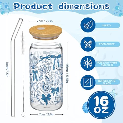 Skylety 6 Set Ocean Glass Cups Coastal Beach Cup with Straws Lids, 16 oz - Image 3
