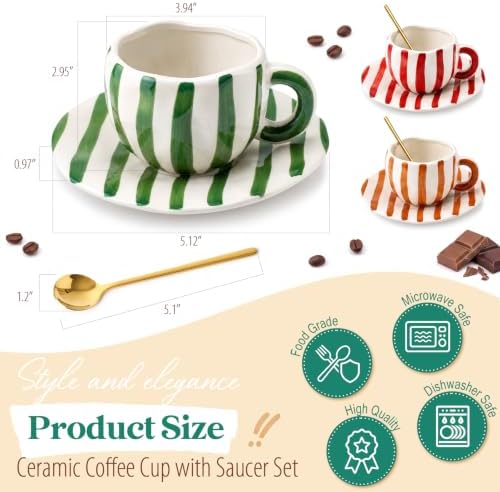 3 Pack Striped Ceramic Coffee Mug and Saucer Set, 12 oz - Image 4