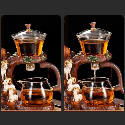 Glass Teapot Set with Infuser Semi Automatic Tea Set Lazy Kungfu Attraction Drip Rotating Magic Teapot Set (Goat) - Image 4