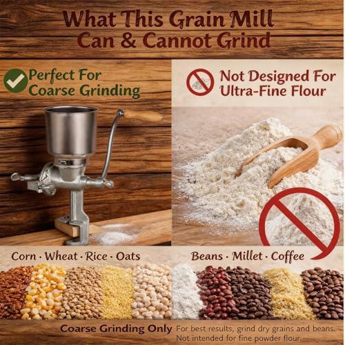 Manual Grain Mill Grinder, Hand Crank Corn Grinder with Large Hopper & Table Clamp, Heavy Duty Aluminum Wheat Grinder, Ergonomic Wooden Handle Mill for Corn, Wheat, Oats, Coffee Beans and Nuts - Image 7