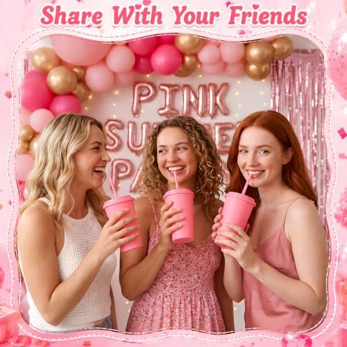 Honeydak 30 Pack Reusable Plastic Tumblers with Lids and Straws 12oz Colorful Cold Drink Cups Bulk Travel Mug Leak Proof Party Iced Coffee Cups for Summer Party Birthday Gift (No Glitter,Pink) - Image 4