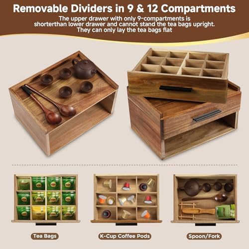 Acacia Wood Tea Bag Organizer with Gift Box, Double-Drawer Tea Box - Tea Accessories for Tea Organizer and Storage Box, Tea Station Chest Caddy for Countertop Cabinet Office(21-Compartment) - Image 5