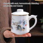 Dehua Porcelain Tea Mug with Lid and Infuser, 380ml Office Cup, Chinese Landscape Pattern, Gold Accents, Leather Coaster, Gift Box Set (Riding the Wave Style A) - Image 5