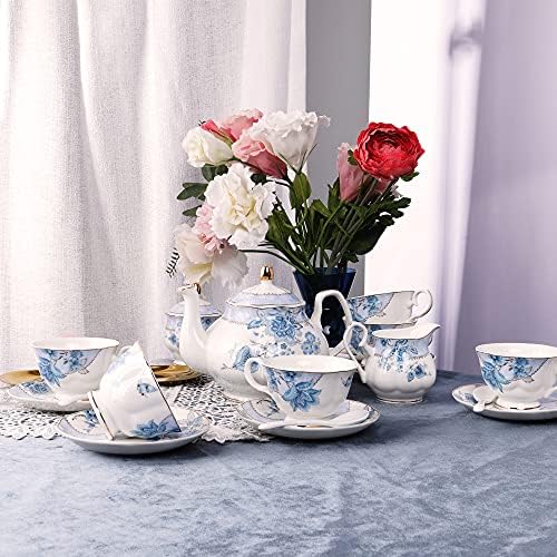 fanquare Blue Flowers Porcelain Tea Set Service for 6 - Image 5