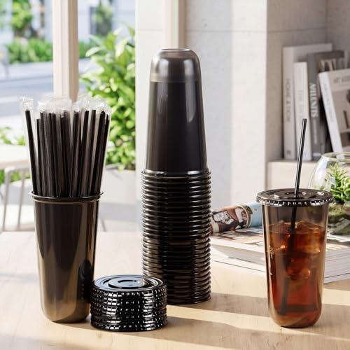 Ziliny 50 Sets 20oz Black Plastic Cups with Lids and Straws Disposable Cups - Image 2