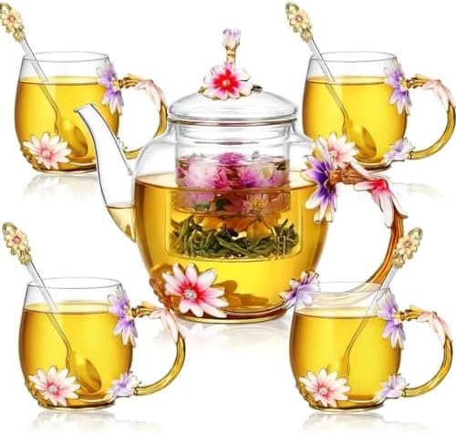 Maxdot 5 Pcs Floral Glass Tea Set, 51 oz Daisy Teapot with Infuser by Maxdot