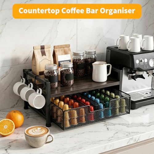 Tea Bag Organizer,Coffee Bar Organizer,Teabag Holder & Coffee Station with Storage Drawer,Wood Tea Station Chest Display Container Box for Countertop Kitchen (Grey) - Image 5