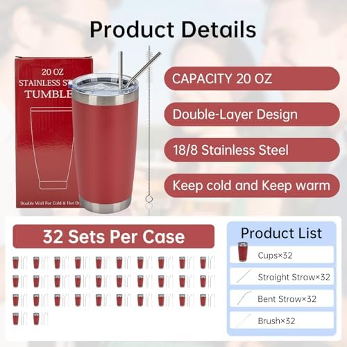 IEOVIEE 32 Pack 20oz Stainless Steel Insulated Bulk Tumblers with Lid&Straw - Image 2